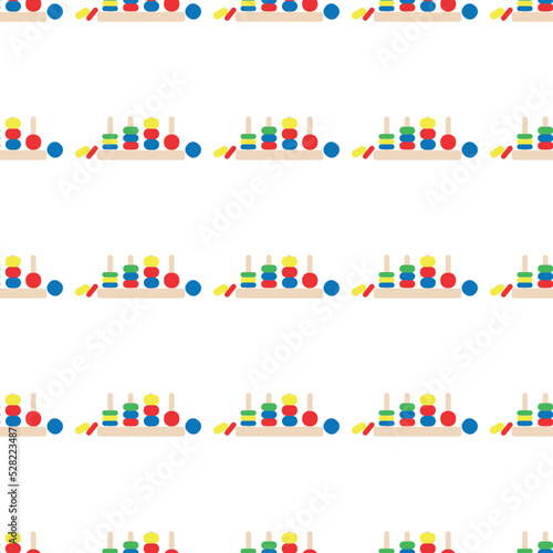 Wooden toys for kids games. Baby seamless pattern with Montessori subject. Education logic toys for preschool kids. Montessori system for early childhood development.