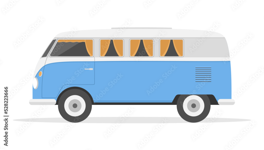 Blue and gray retro van car on a white background. Side view. Flat vector illustration