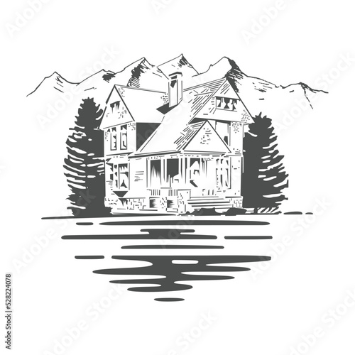 vector illustration of a house by the lake and mountains