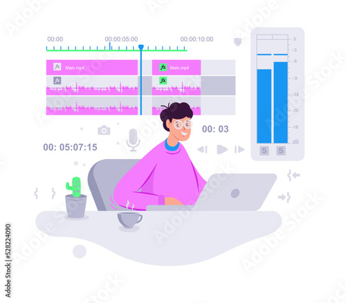 Video editor sitting and creating video project at laptop