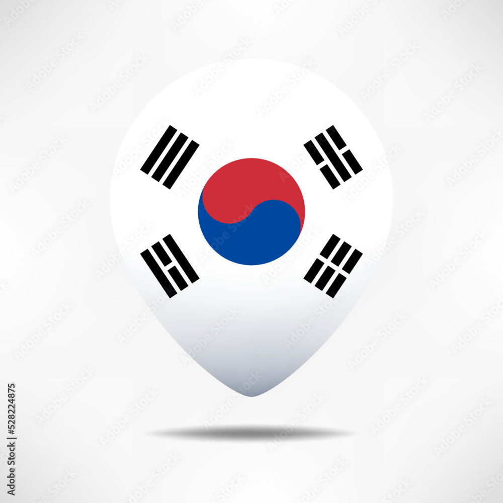 South Korea map pointers flag with shadow. Pin flag South Korea map pointers flag with shadow. Pin flag