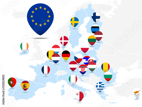 European union membership flags on map of Europe photo