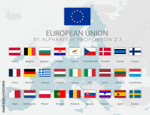 European union membership flags with names by alphabet in proportion 2:3