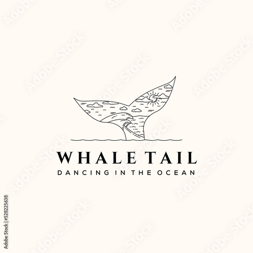 wave sea whale tail sun line art logo vector minimalist illustration design, while tail style logo design