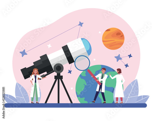 Laboratory Scientist Group Study astronomy. Stars, planets, moon by telescope. Vector illustration for website