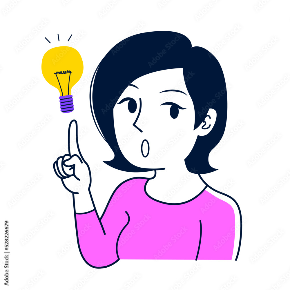 Vector illustration of character woman pointing light bulb having and idea. Marketing ideas concept Vector illustration of character woman pointing light bulb having and idea. Marketing ideas concept