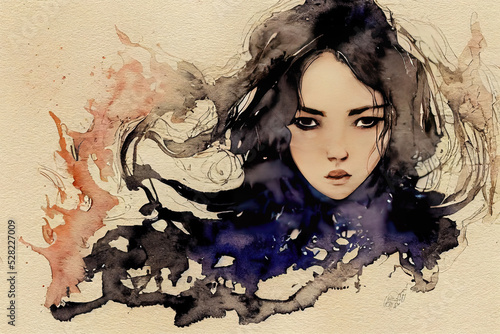Wallpaper Mural Watercolor portrait, frowning girl abstract illustration