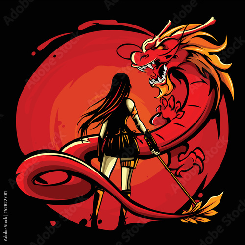 Vector illustration of female swordsman facing a dragon