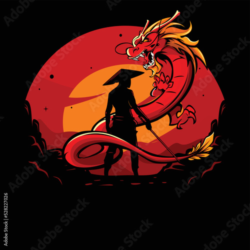 Vector illustration of a swordsman facing a dragon
