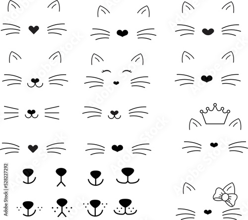 Dog face and cat face cartoon outline with tongue hanging out. mouth and nose big set. Vector illustration