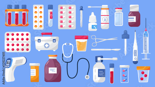 Medication icons set vector. Medicine icon collection. Medical tube, bottle spray, first aid bag are shown. Pharma sopping bag with medical pills, drops.