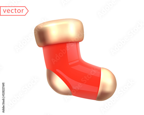 Christmas Sock Abstract Decor. Realistic 3d mocup design element in cartoon style. Shiny Gold and Red Plastic. Close-up object isolated on white background. 3D Vector illustration