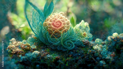 Infinite fractal organism. Infinite universe. Dynamic flowing natural forms. Sacred geometry. Mystical spirals. 3D render.