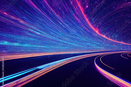 Neon lines rays of light in speed, vertical abstract glowing background. Dynamic effect futuristic cyberpunk digital fast movement bright laser blue purple backdrop, creative cosmic abstract motion. photo
