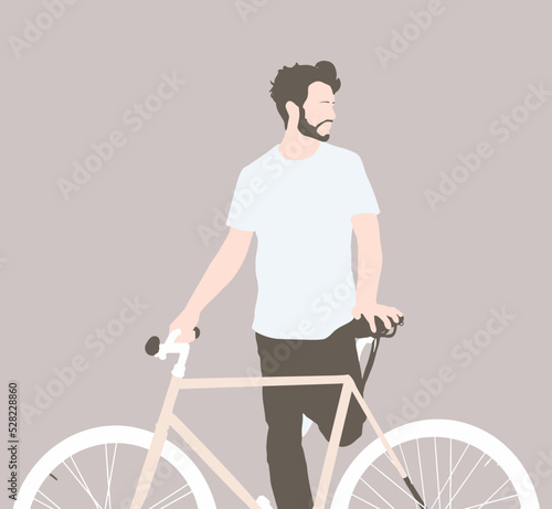 Illustrazione vettoriale flat di un ragazzo giovane con la bicicletta. Personaggio maschile in piedi che tiene una bicicletta photo
