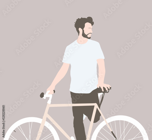 Illustrazione vettoriale flat di un ragazzo giovane con la bicicletta. Personaggio maschile in piedi che tiene una bicicletta