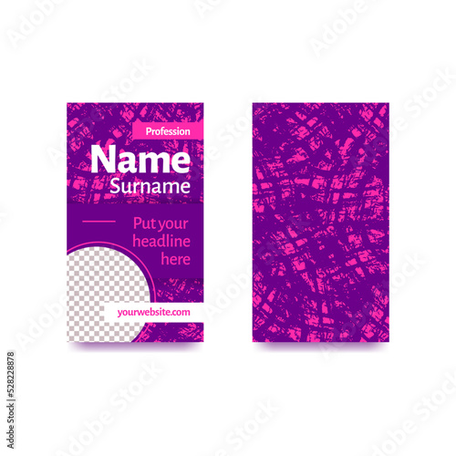 Vertical 2 x 3.5 inches rectangle business card template with sample text contact info and round photo frame. Front and back side design. Pink and purple textured paintbrush stroke stains background.