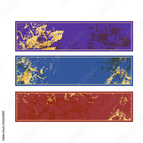 Set of 3 horizontal rectangle banners. Purple, blue, brown background, gold grungy texture and frame. Website header or footer with text space. Thin frame template. Graphic and web design element.