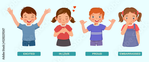 cute kids showing different feeling emotions such as excited, in love, proud, and embarrassed with hand gestures and facial expressions