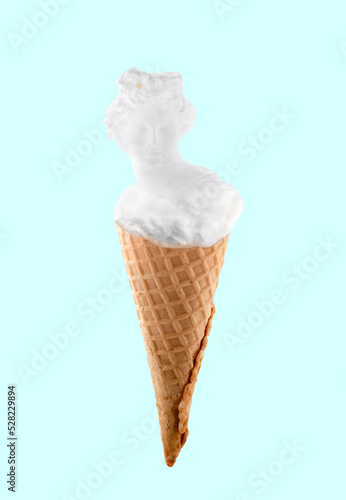 Female antique statue in waffle cone on blue background. Ice cream adv summer creative poster.