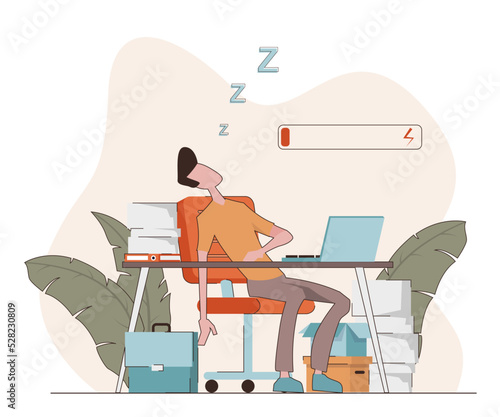 Burned out at work. A man sleeps in the office at his desk