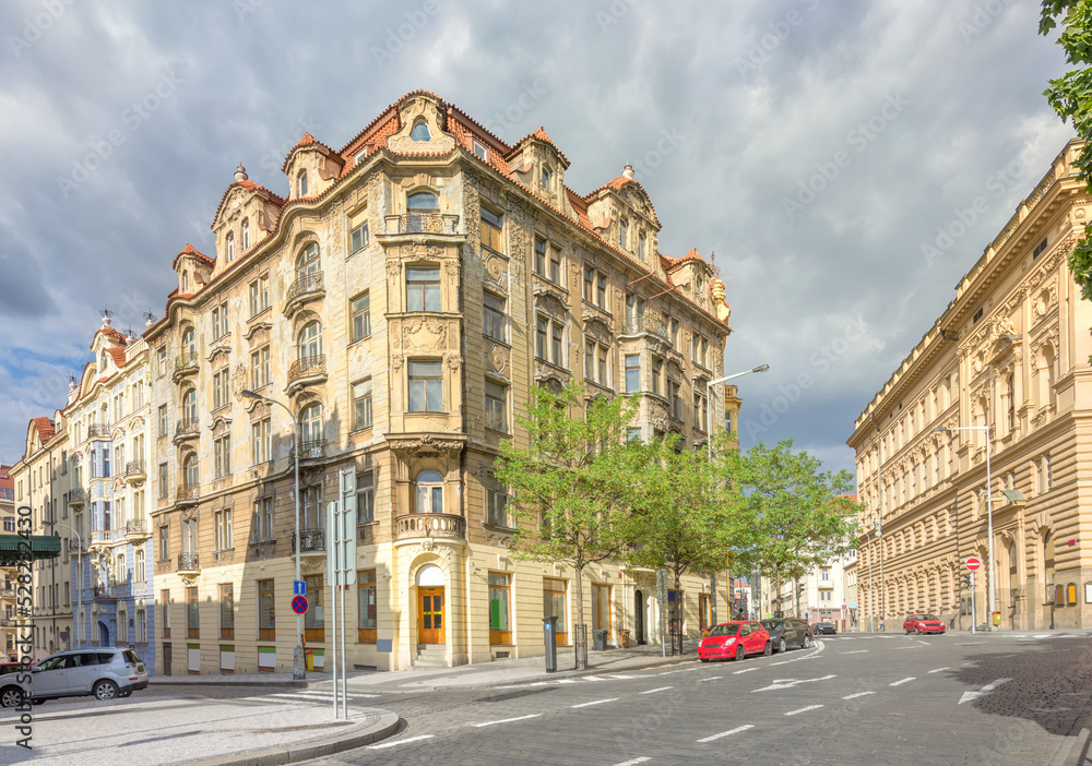 Beautiful old buildings on Peace Square (or Namesti Miru) and Slezska street. Prague, Czech Republic