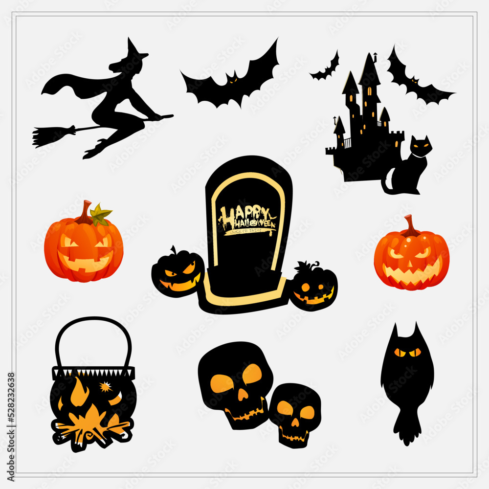 Fototapeta premium Halloween Elements Icon Set. Witch, Bat, Castle, Cat, Tombstone, Pumpkin, Cauldron Vector Icon Set