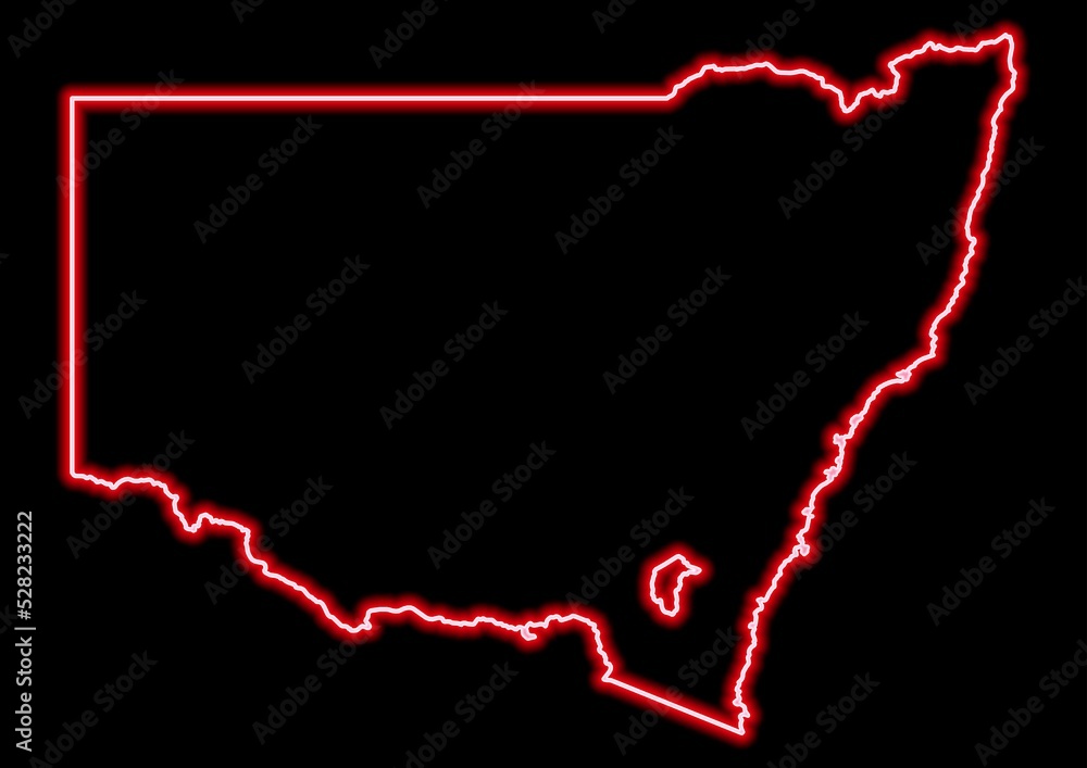 Red glowing neon map of New South Wales Australia on black background. Red glowing neon map of New South Wales Australia on black background.