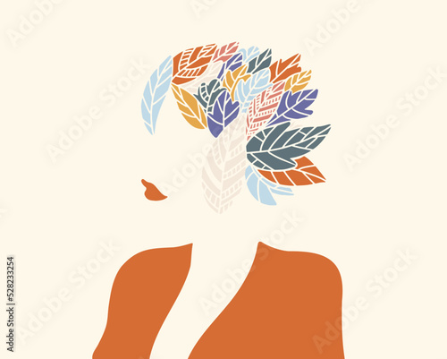 Illustrazione vettoriale di donna con foglie in testa. Design minimale astratto. Sfondo in colori vintage. Disegno minimalista astratto con elementi floreali. Modelli di design per poster, copertine photo