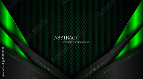 Dark steel mesh abstract background with black and green polygon shapes, free space for design. modern technology innovation concept background
