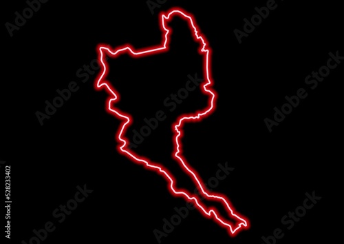 Red glowing neon map of Niari Republic of the Congo on black background. © Mappingz