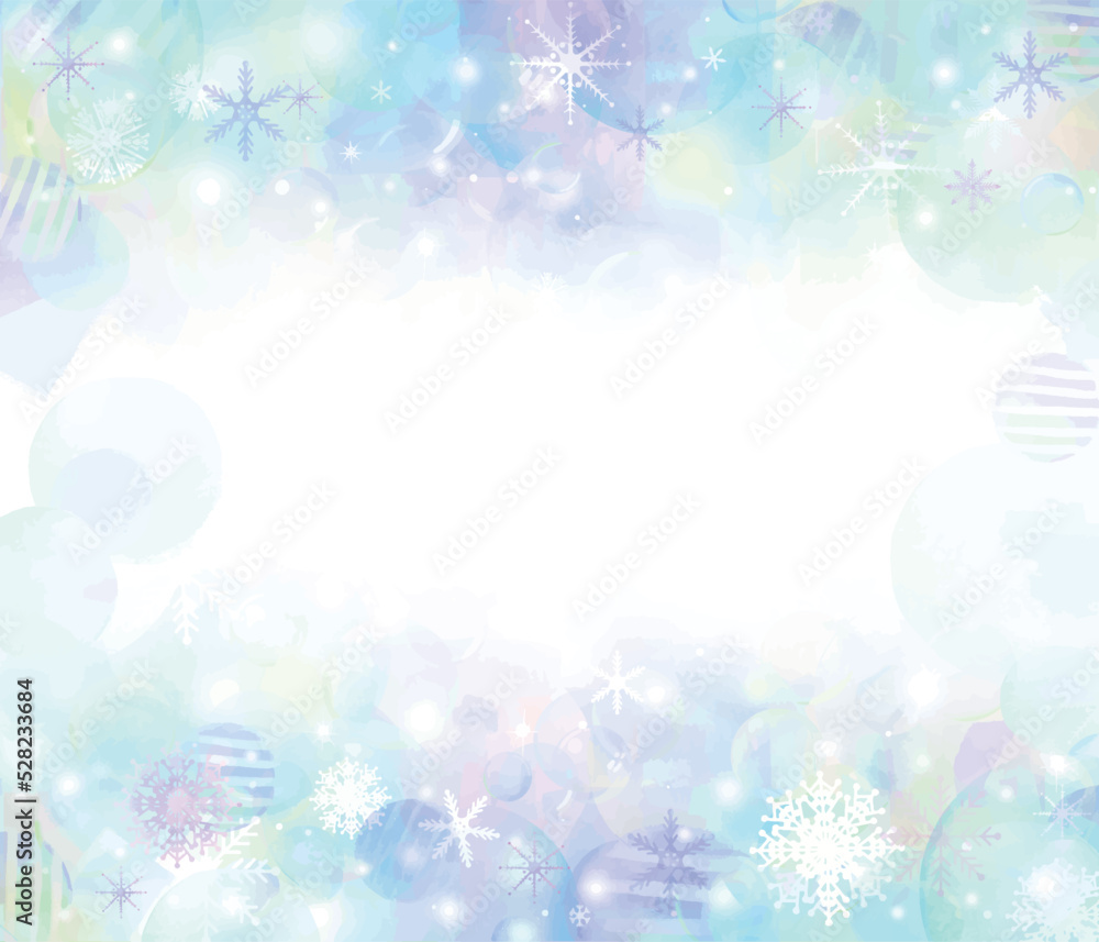 手描きおしゃれなシャボン玉と氷の世界ーキラキラした雪の結晶幻想的なイラスト背景素材