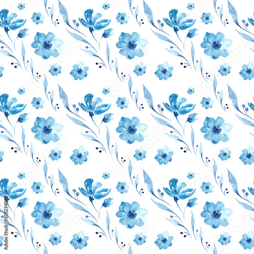 Watercolor pattern of blue flowers and leaves. frosty winter patterns. Folk ornament  Gzhel  Russia