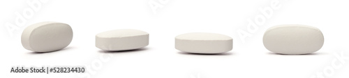 set of white oval pills or tablets on white background, medical drugs taken in different angles, collection