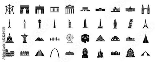World landmarks black icon set. Big ben, Eiffel tower, pyramid, stonehenge, acropolis vector illustration	