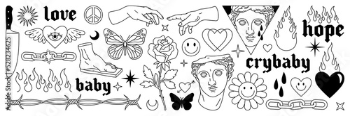 Tattoo art 1990s, 2000s. Y2k stickers. Butterfly, barbed wire, fire, flame, chain, heart and other elements in trendy psychedelic style. Vector hand drawn tattoo print. Black and white colors.