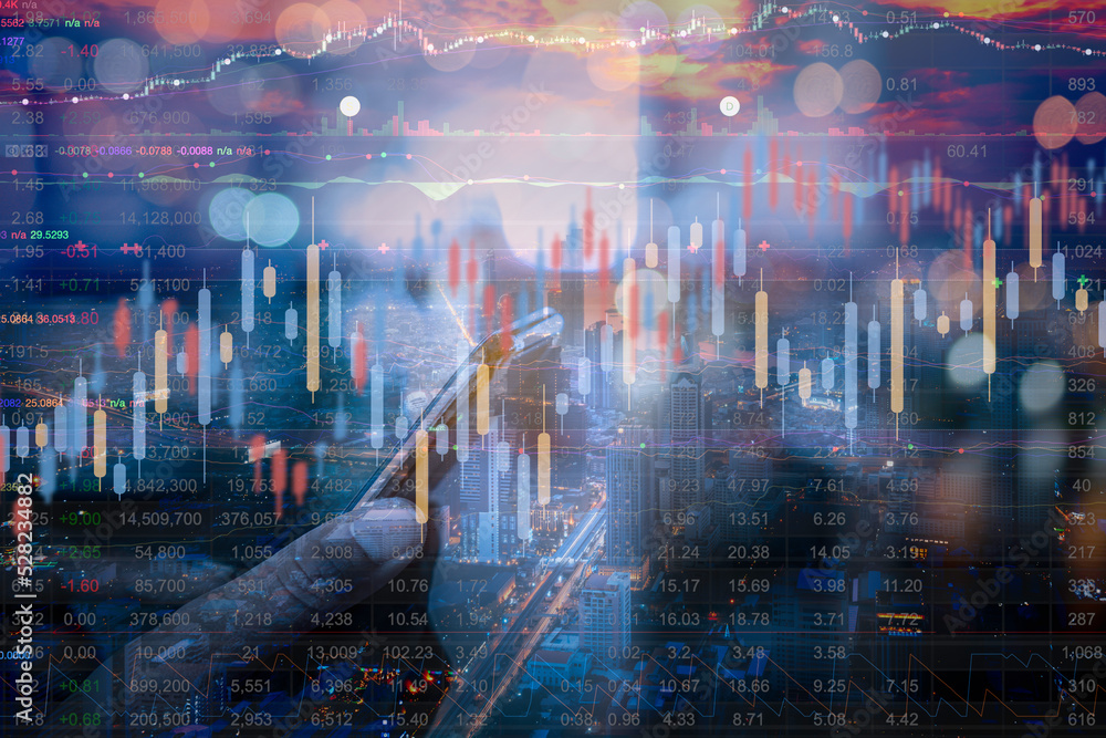 Fototapeta premium Double exposure of Stock market or forex trading graph for financial investment concept. Economy trends background for business idea and all art work design. Abstract finance background.