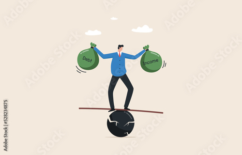 Debt burden. .Balance between income and liabilities. Management of assets or income.  financial obligation or loan payment. Businessman carrying debt on the seesaw.