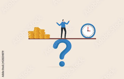 Money Time Balance. Balance between time clock and dollar coin on seesaw. .Long and short term investments. Businessman contemplating money and time.