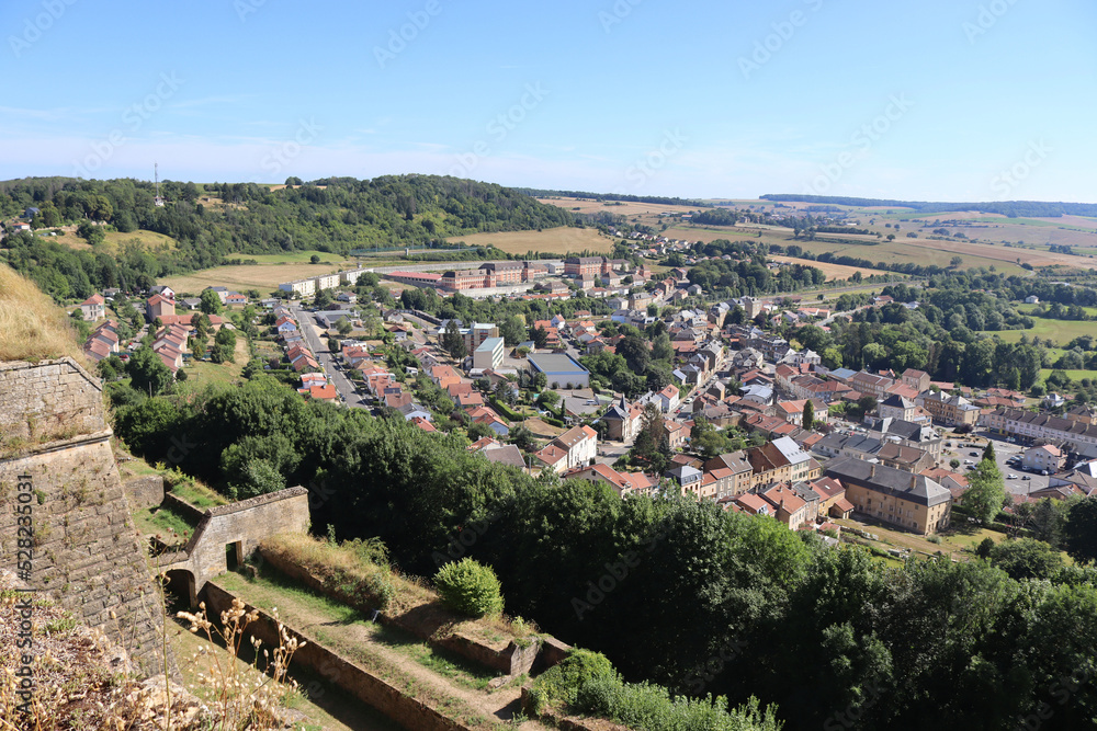 Aerial view of the town of Montmédy and the surrounding countryside of Lorraine, from walls of the fortified Citadelle of Montmédy (Montmédy-haut) in North Eastern France.