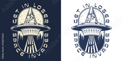 UFO invader monochrome vintage label