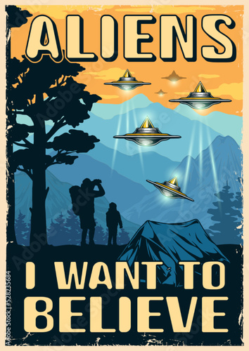 Aliens UFO vintage poster colorful
