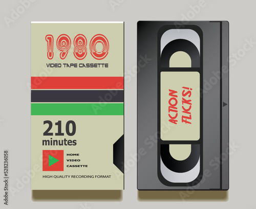 Vintage 1980's vhs cassette and cover, realistic illustration, mock-up design