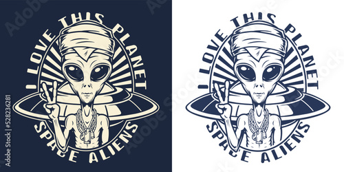 Space aliens sticker monochrome vintage