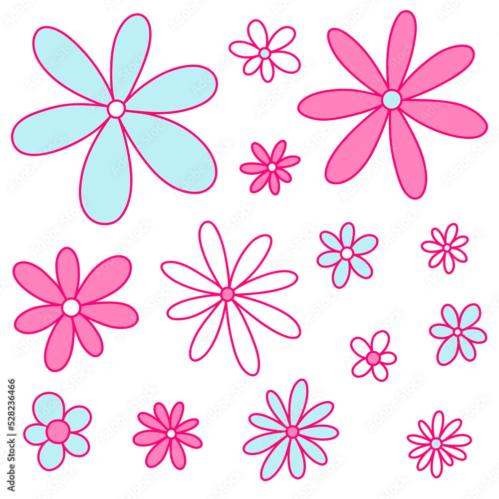 Retro flowers. Simple daisies in pink, blue and white colors.