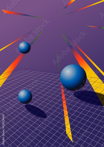 1980s Retro Style 3D Geometric Illustration. Perspective Abstract Colorful Background