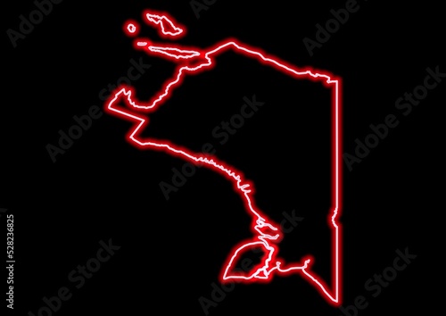 Red glowing neon map of Papua Indonesia on black background.