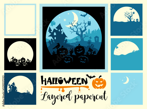 Halloween layered papercut card with a moon, haunted house, cemetery and pumpkins