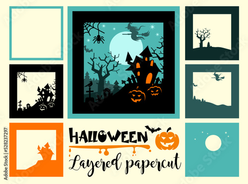 Halloween layered papercut card with a moon, haunted house, cemetery, pumpkins and a flying witch