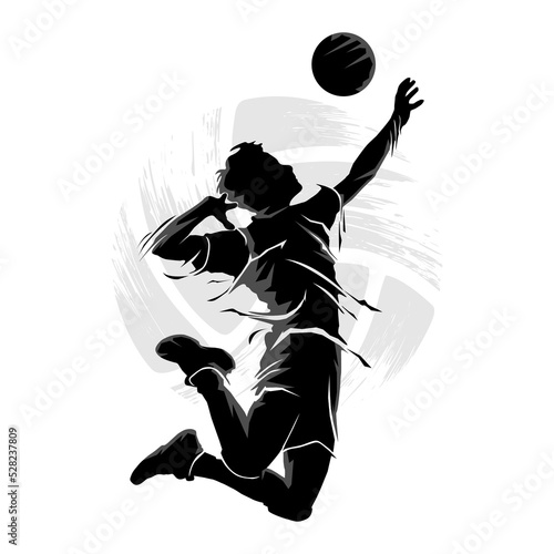 Abstract silhouette of male volleyball player jumping and hitting the ball